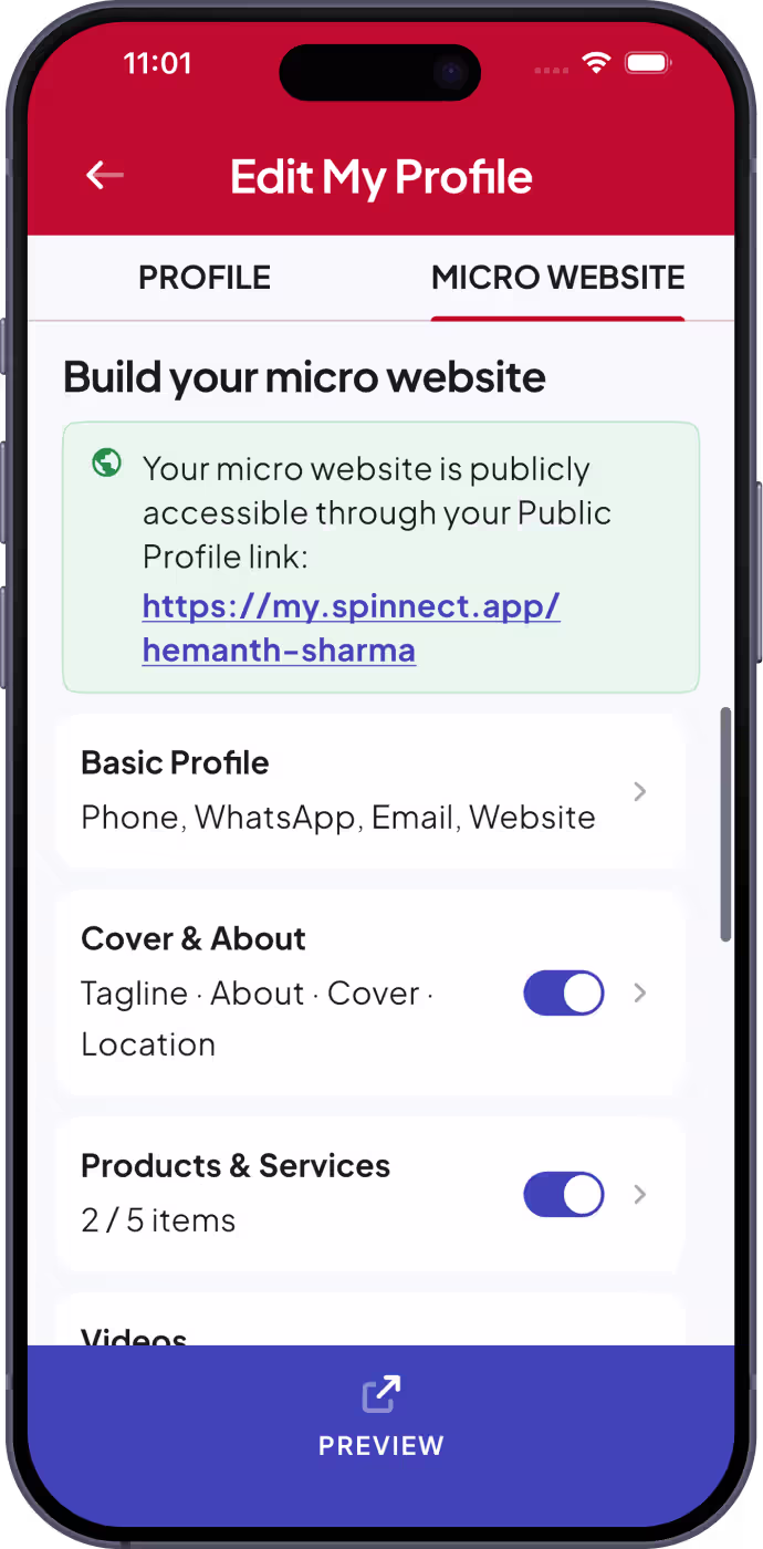 Micro Website Builder in the Spinnect™ app