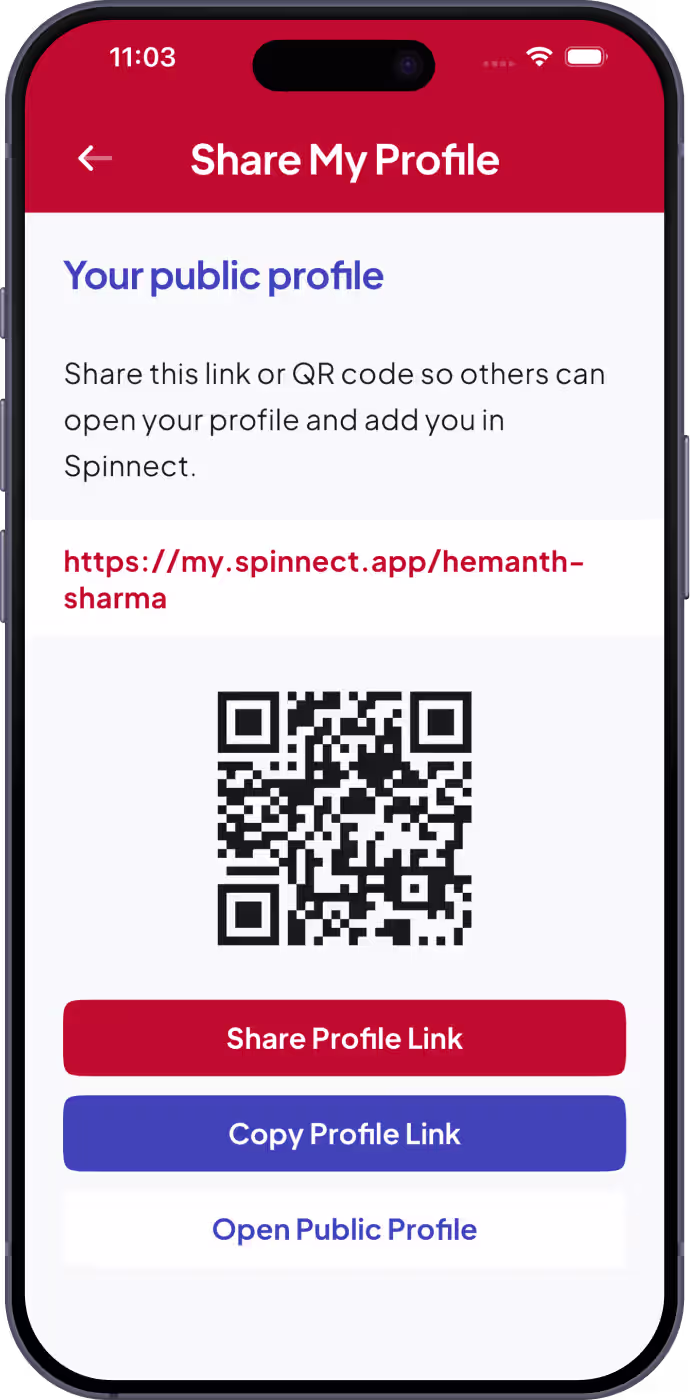 Public Profile & QR Code in the Spinnect™ app