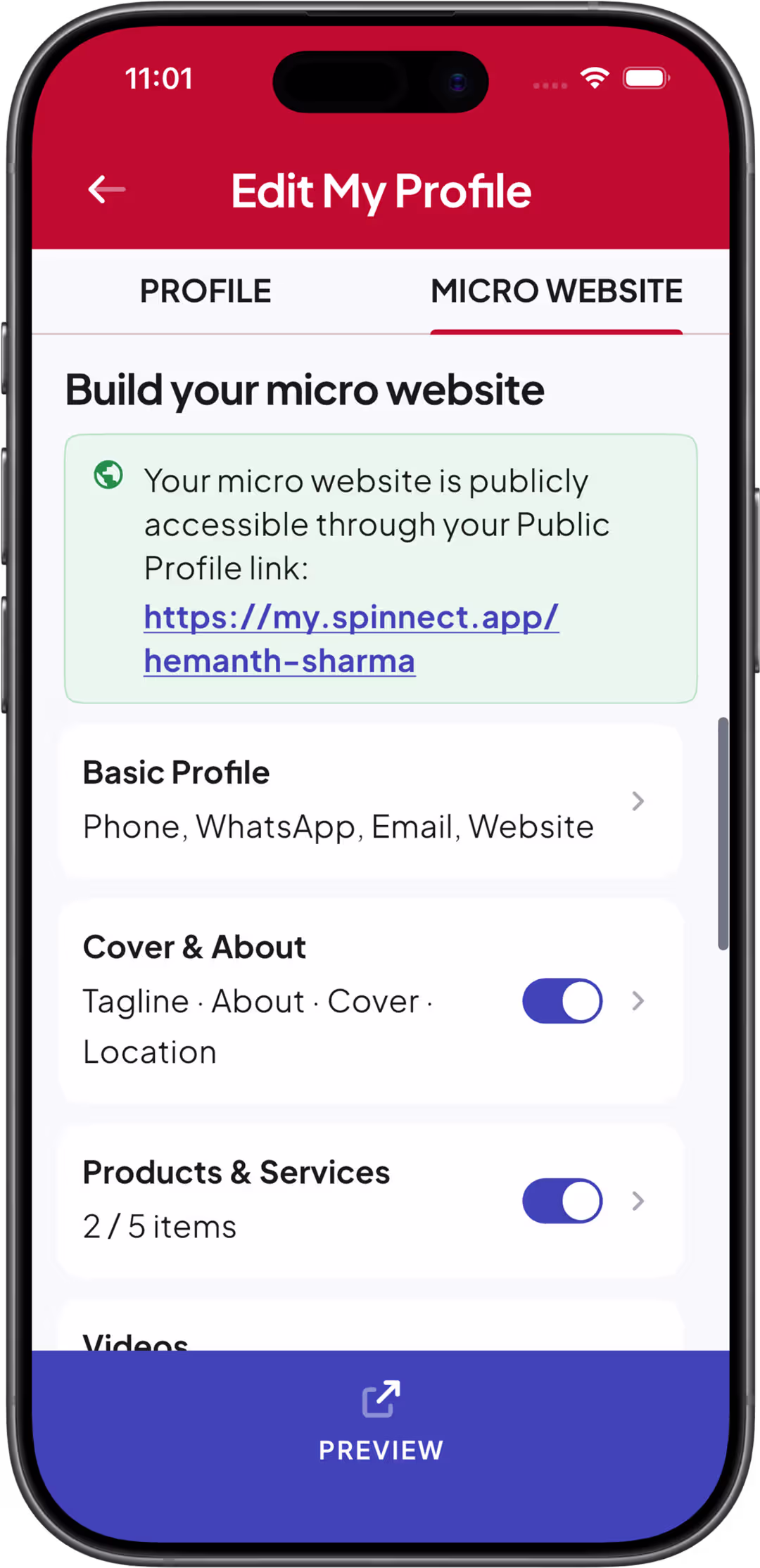Micro Website Builder in the Spinnect™ app